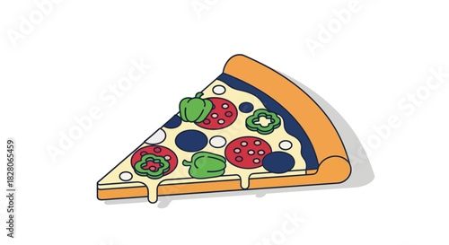 Colorful cartoon pizza slice with peppers and melting cheese