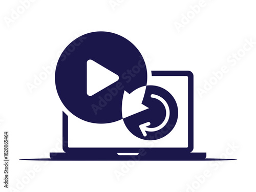 A laptop computer displays a play button and a refresh icon.