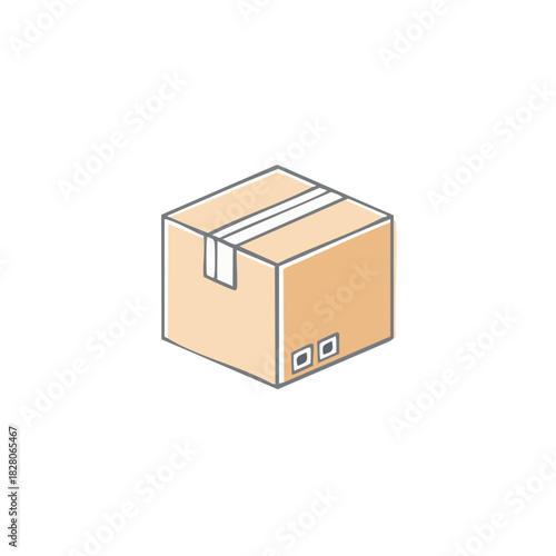 Stylized cartoon cardboard box with taped seams and two small squares