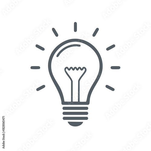 Grey light bulb icon with radiating lines symbolizing new ideas, creativity, and innovation