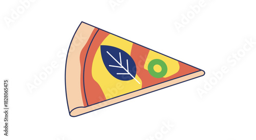 Modern flat slice of vegetarian pizza with leaf and olive topping