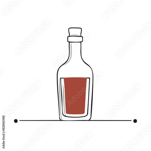 Minimalist line art illustration of a vintage bottle with dark liquor or elixir
