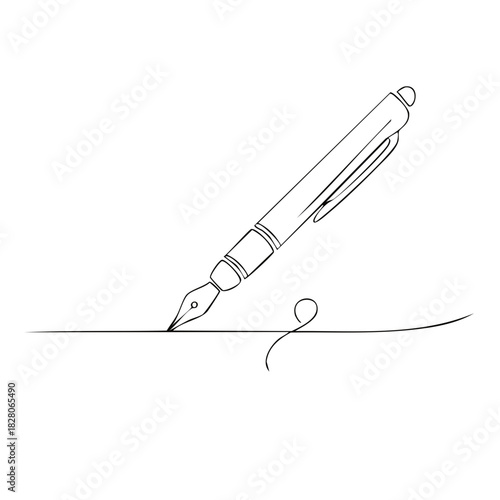 Continuous one line drawing of a fountain pen writing a signature. Minimalist vector illustration.