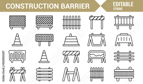 Infrastructure safety barrier icon collection in monoline style