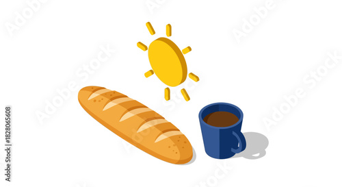 Isometric breakfast: sun, coffee, and bread harmony on a fresh morning
