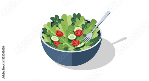 Fresh salad bowl with fork on white background: healthy eating in isometric style
