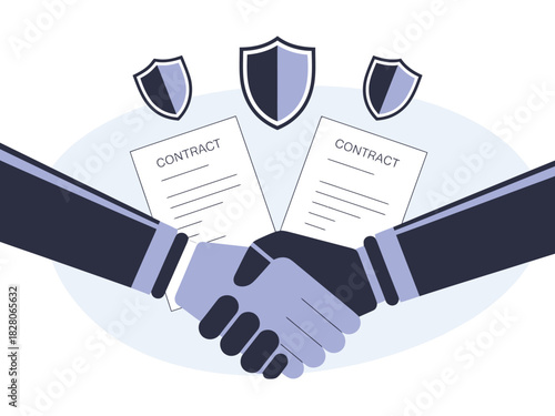 Two hands shaking over contracts with shields symbolizing security and agreement.