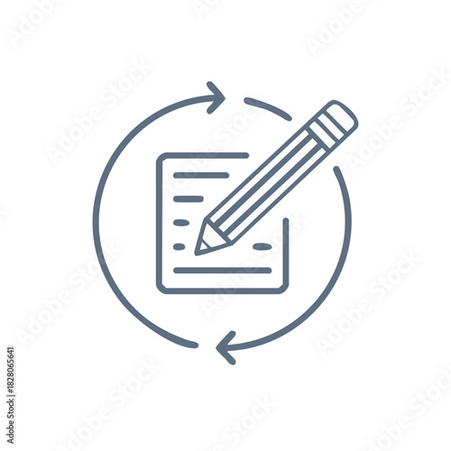 Pencil writing on a document with a circular refresh arrow representing a continuous process or update icon