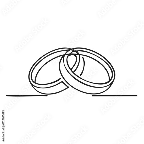 Two interlocking wedding rings continuous line drawing with simple horizontal lines below