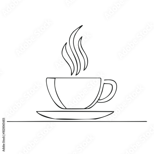Steaming hot beverage in a simple line drawing cup with a saucer