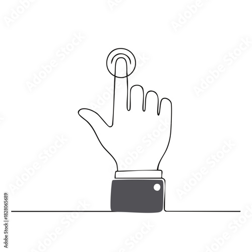 Continuous line drawing of hand with index finger pointing or touching button