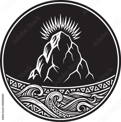 Mountain and Tribal Wave Circle Emblem - Black and White