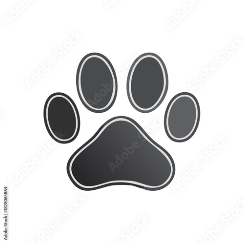 Dog or cat paw print, black and white symbol on a white background, isolated design element
