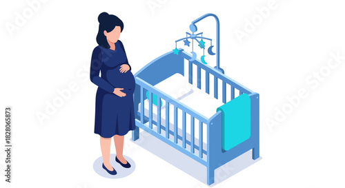 Expectant mother standing beside baby crib in isometric nursery scene