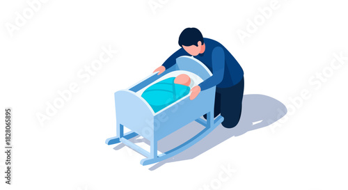 Young father cares for newborn in wooden cradle