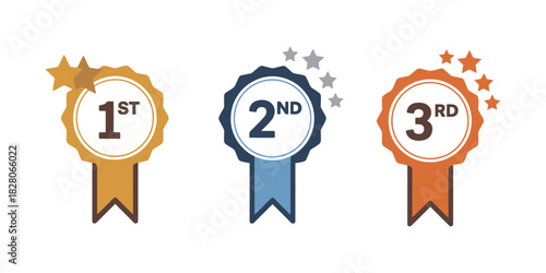 1st 2nd 3rd award medal icon set, first, second, and third place winner badges, prize ribbons, guarantee symbols, vector clip art illustrations, suitable for sports, competition, and achievement graph