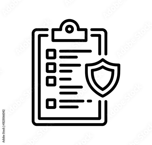 A clipboard with a checklist and a shield symbol represents security and safety protocols.