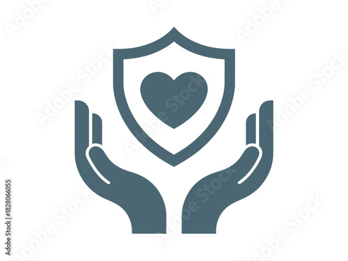 Two hands cradle a shield with a heart inside, symbolizing protection and care.