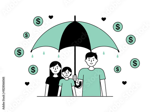 A family stands protected under an umbrella with money symbols raining down.