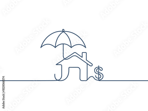 An umbrella protects a house and a dollar sign, symbolizing home insurance.
