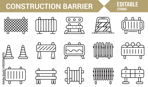 Vector line icons of safety barricades, cones, and warning signs