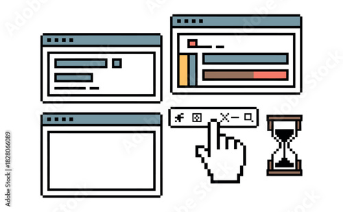 Computer windows, cursor, and hourglass icon on white background.