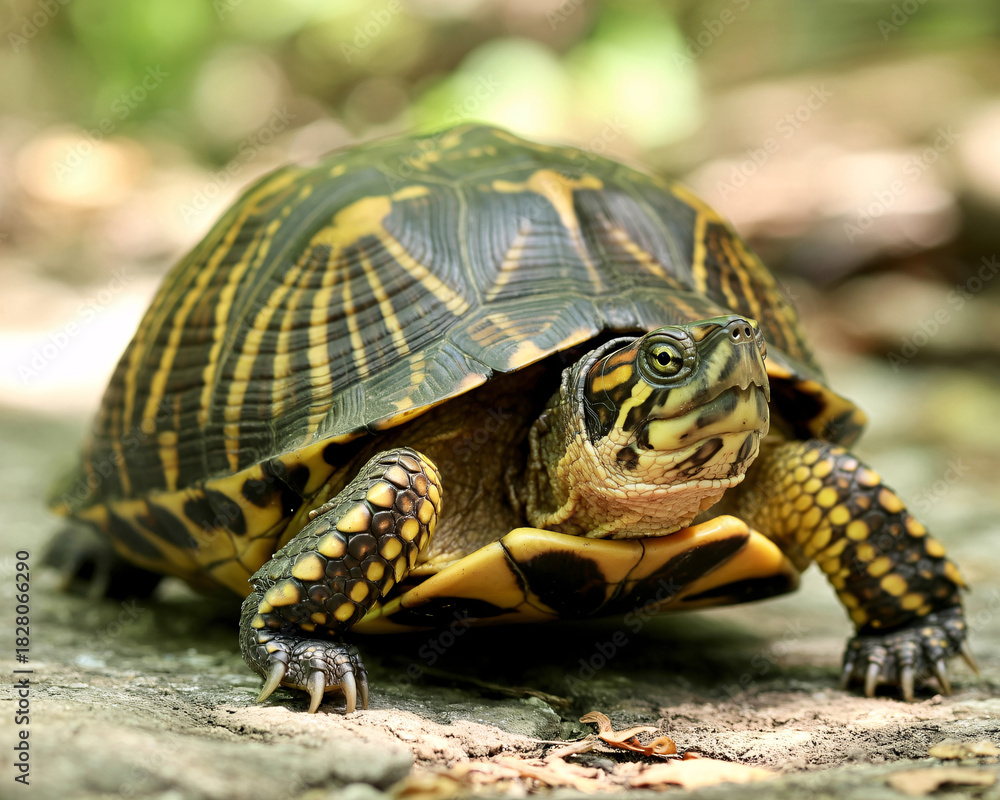 Obraz premium Gentle eastern box turtle exploring a sun-dappled forest floor, conveying peace and natural wonder, perfect for conservation projects and educational materials