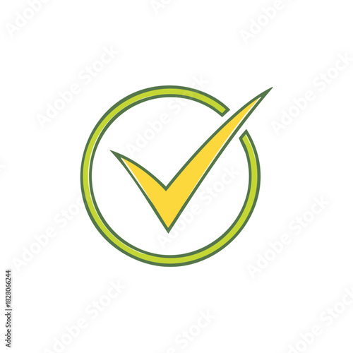 Yellow Tick Mark in Green Circle Outline, Approval and Positive Check Symbol