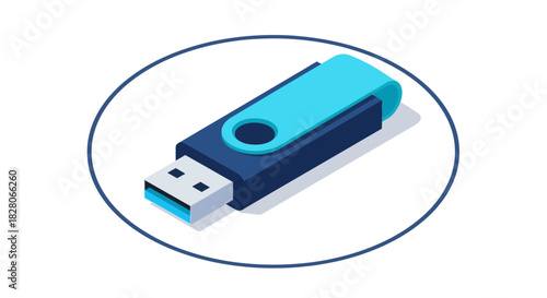 Modern usb flash drive in isometric design with circular border