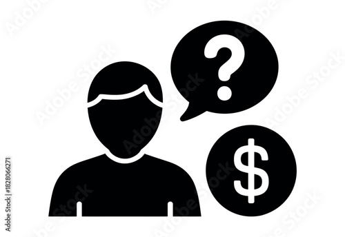 A person considers a financial question with a question mark and dollar sign.