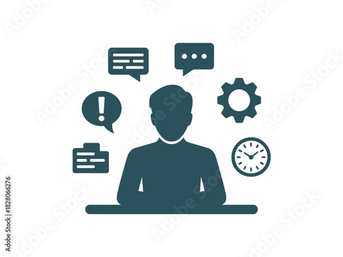 A person with icons representing communication, tasks, and time management.