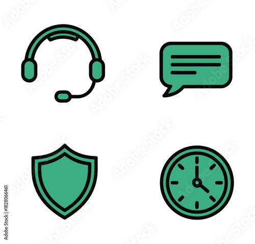 A headset, chat bubble, shield, and clock are presented as icons on a white background.