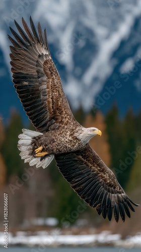 A white-tailed eagle with outstretched wings flies gracefully over a snowy landscape. Mountains and trees form the background of the sky