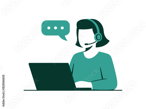 A person wearing a headset with a microphone is communicating on a laptop.