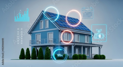 Blue house with solar panels and digital energy icons 1