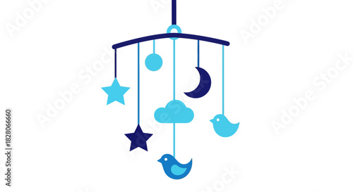 Blue baby mobile with birds and stars on white background