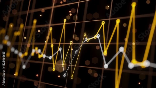 Looped 3D animation of glowing financial graphs with yellow and white data lines moving across a dark digital grid. Ideal for finance, analytics, trading, and economic visuals.