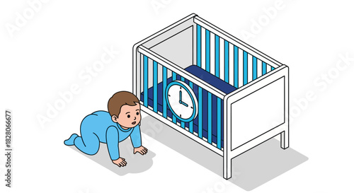Isometric baby crawling towards crib with clock inside, symbolizing time management in parenthood