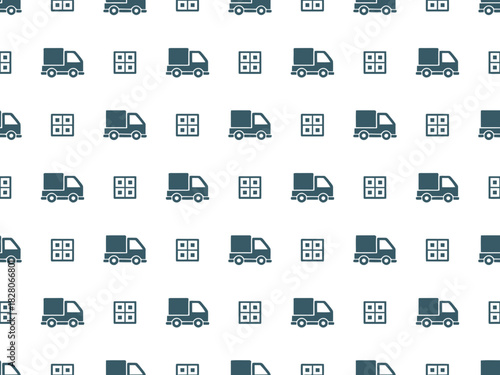 A repeating pattern of delivery trucks and boxes on a white background.