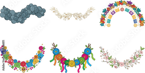 Collection of colorful floral garland decorations isolated on transparent background for festive events and celebrations