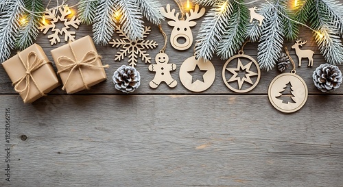 Christmas Gifts Pinecones Ornaments on Rustic Wood Background