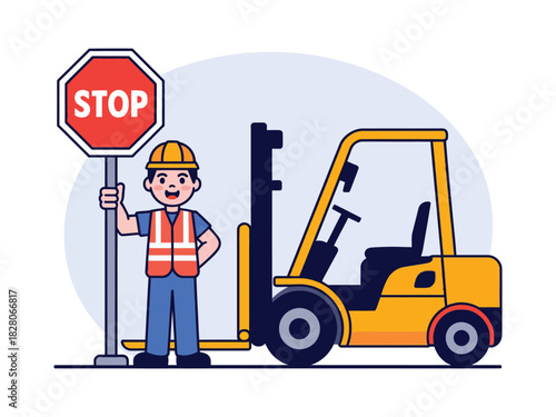 A construction worker holds a stop sign next to a yellow forklift.