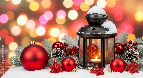 Christmas lantern with red ornaments and snow candle