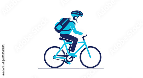 Cyclist in minimalist style riding with backpack and helmet