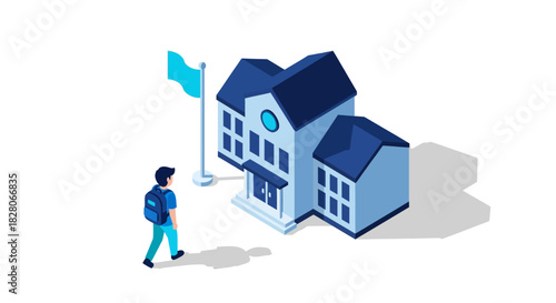 Isometric illustration of a student approaching a modern school building