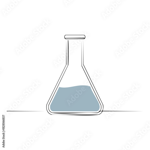 Minimalist one line art illustration of Erlenmeyer flask filled with blue liquid