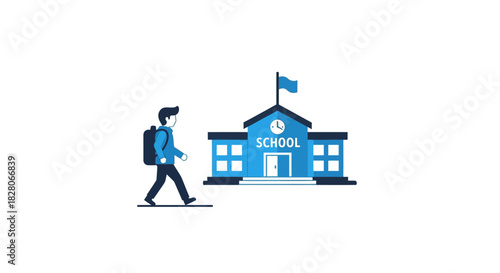Minimalist blue school building with student illustration
