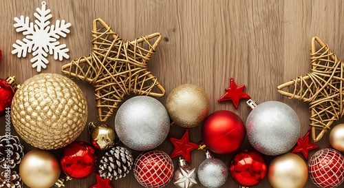 Christmas ornaments and decorations on wooden background
