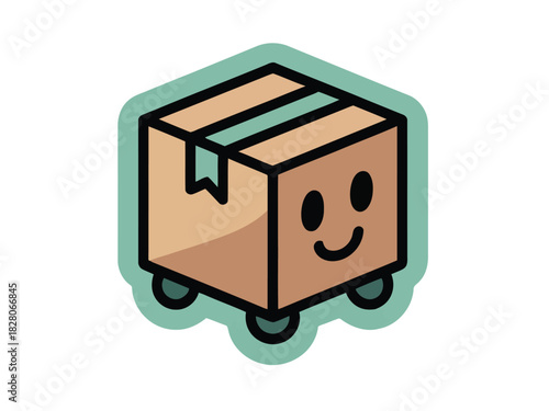 A cartoon illustration of a smiling cardboard box with wheels and a mint green border.