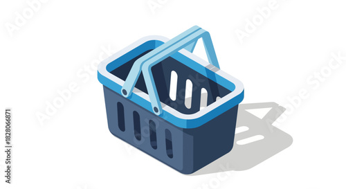 Isometric shopping basket icon with handle shadow on white background